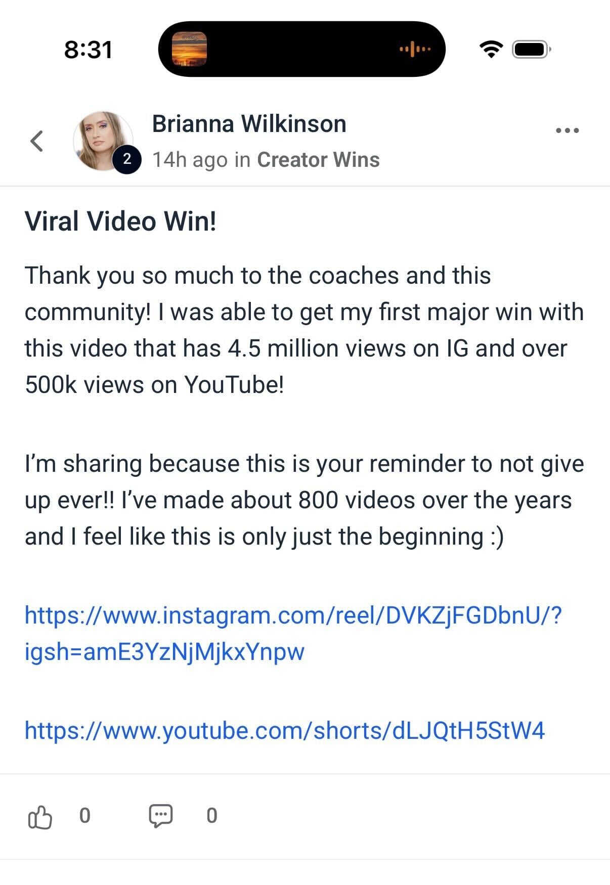 Brianna Wilkinson — first major win, 4.5M views on Instagram and 500K on YouTube