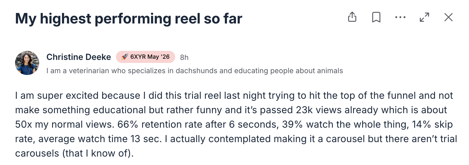 Christine Deeke — trial reel hit 23K views, about 50x normal, 66% retention