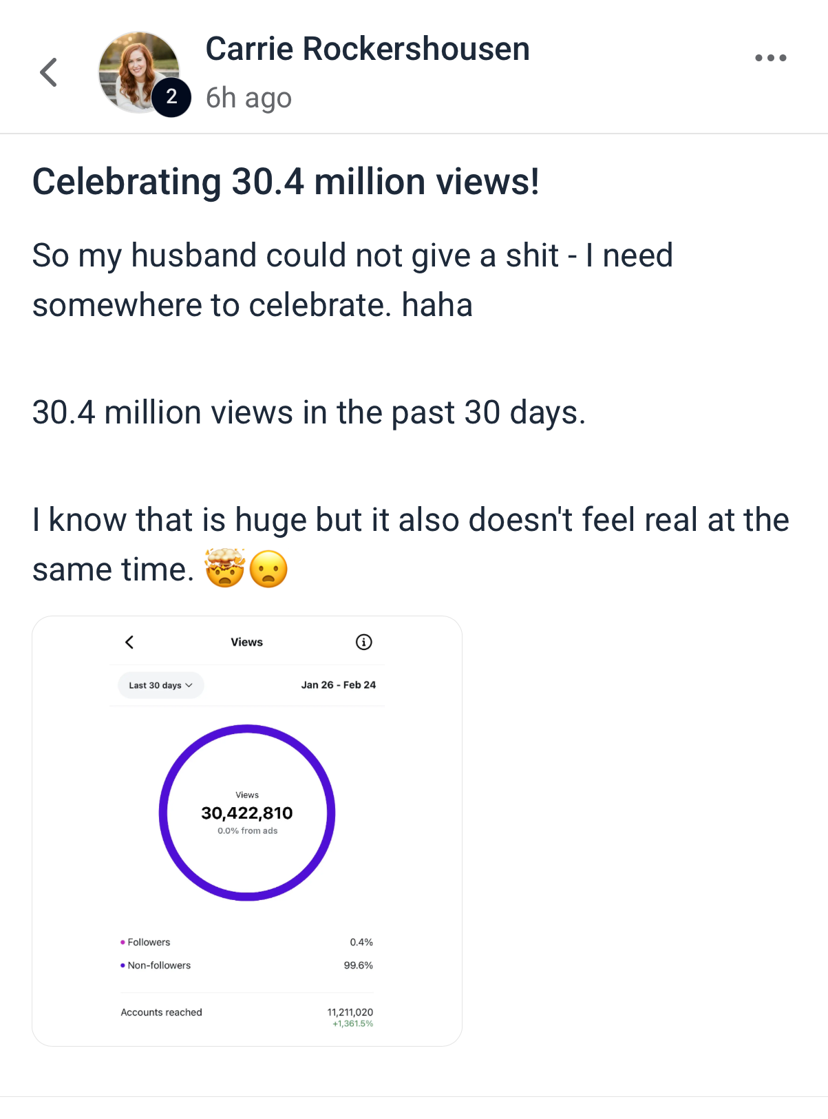 Carrie Rockershousen — celebrating 30.4 million views in 30 days, Instagram analytics screenshot