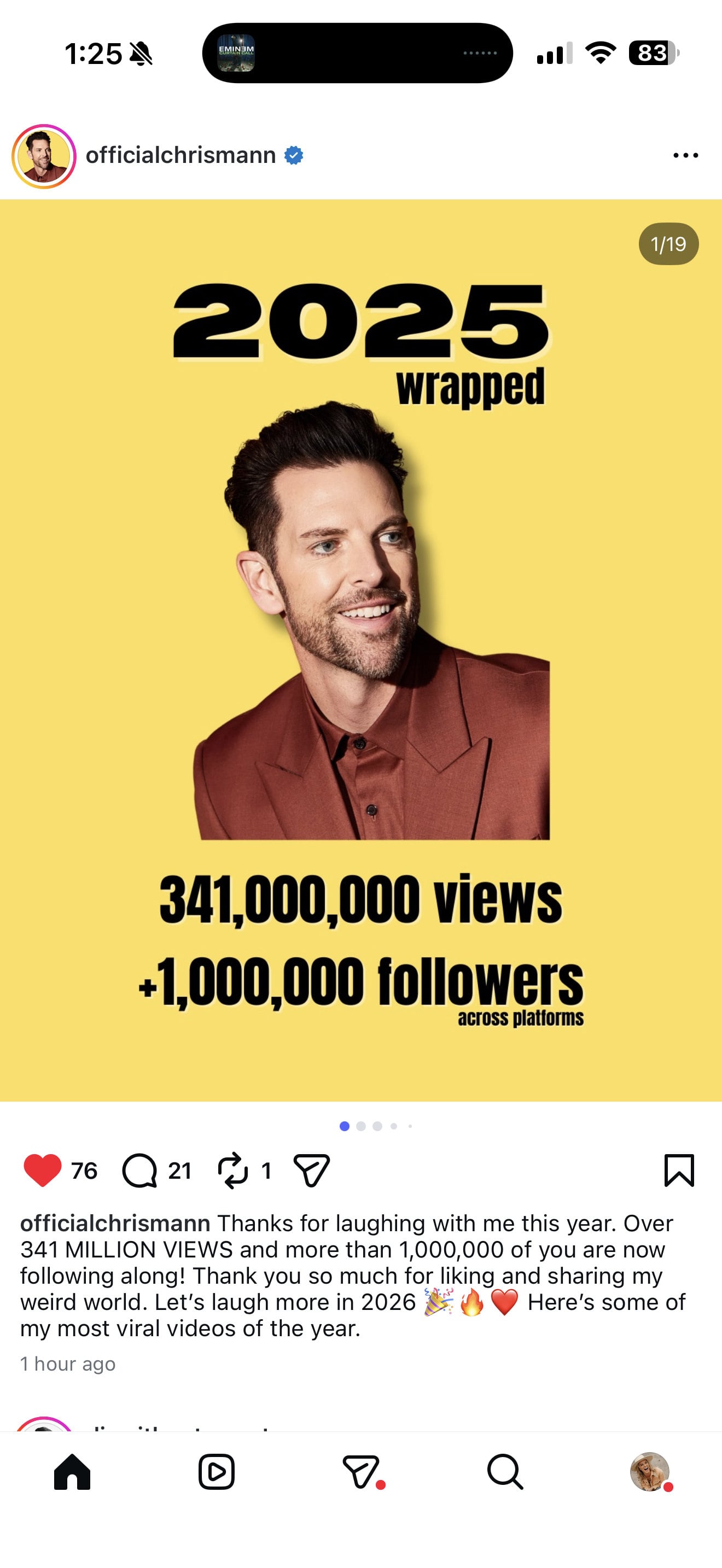 Chris Mann (@officialchrismann) — 2025 wrapped: 341,000,000 views and over 1,000,000 followers across platforms