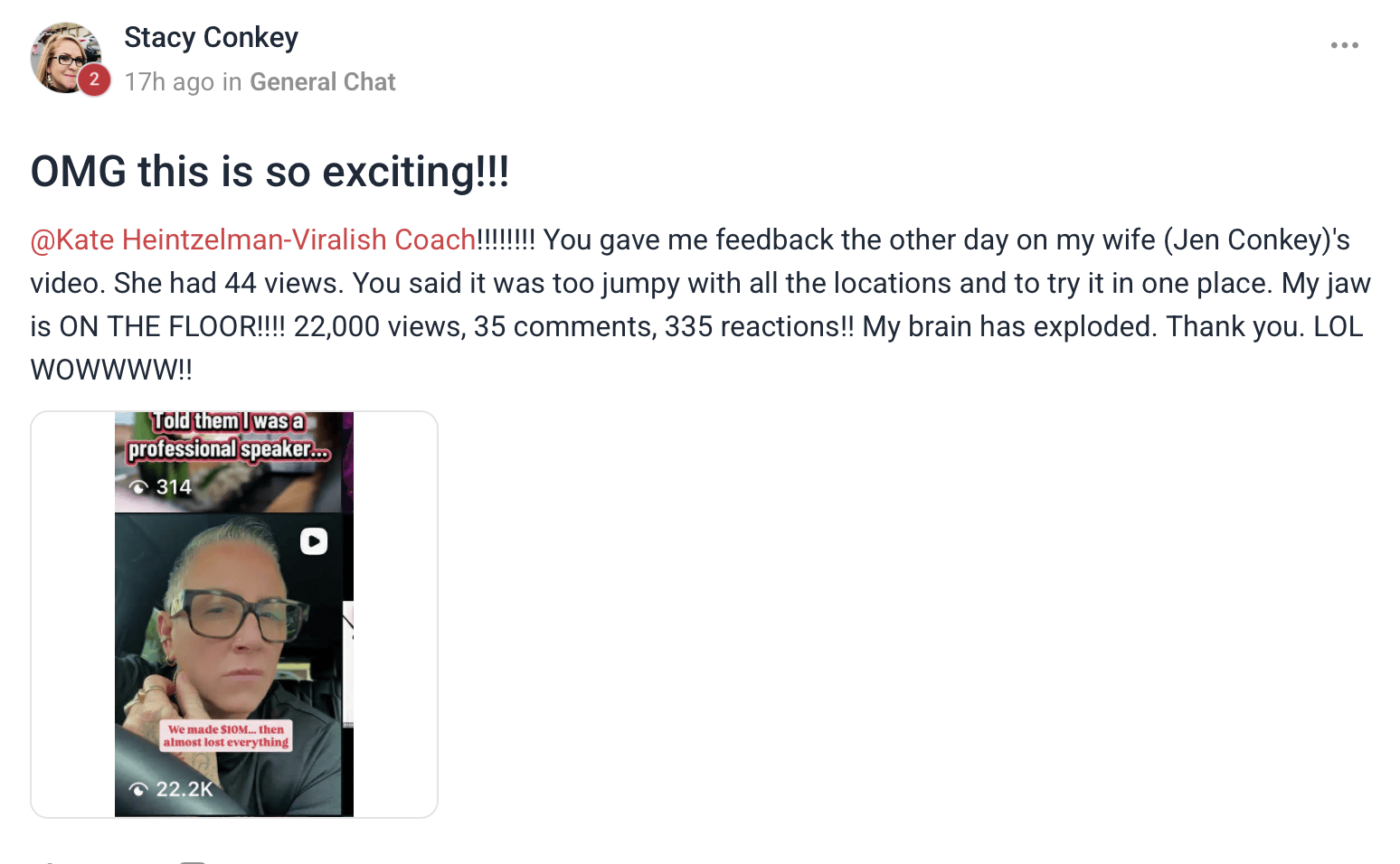 Jen's video had 44 views — Stacy Conkey screenshot